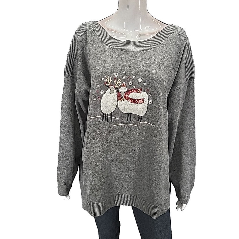 CJ Banks Ladies Modern Sweater w Sheep Embroidery 2X Plus Size Gray Pullover Top
